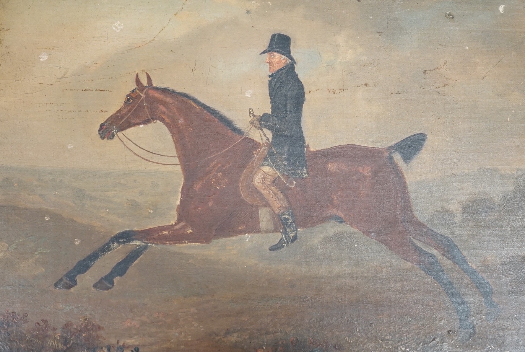 19th century English School, oil on canvas, Study of a gentleman riding a horse, dated '81, 23.5 x 33cm, unframed